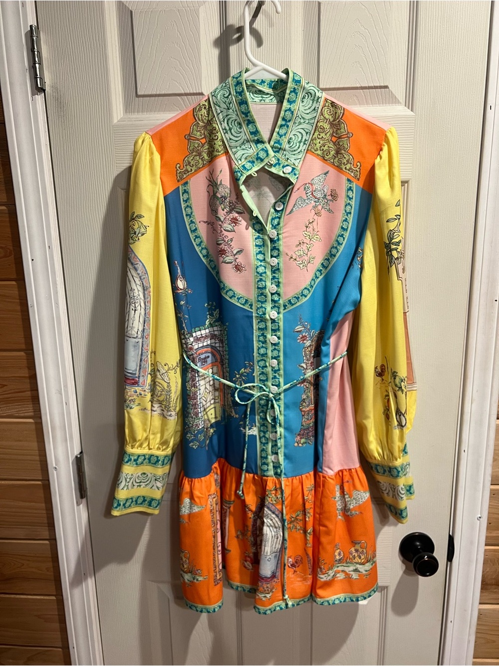 Multicolor Printed Long-Sleeve Tie-Waist Dress